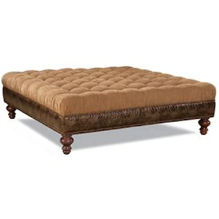 Button Tufted Cocktail Ottoman with Exposed Wooden Base